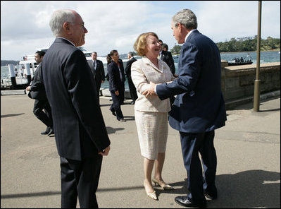 President George W. Bush greets Mrs. Janette Howard at the Man O War Steps Wharf in Sydney Wednesday, Sept. 5, 2007. The President joined Mrs. Howard and Prime Minister Howard for a social lunch with Australian troops.