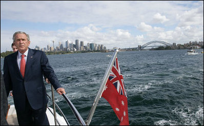 President Bush stands on the deck of the MV AQA during a tour of Sydney Harbor Wednesday, Sept. 5, 2007. The President is in Australia to meet with Prime Minister John Howard and participate in this week's APEC summit.