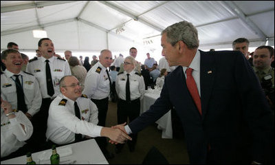 President George W. Bush greets Australian troops during a social lunch Wednesday, Sept. 5, 2007, on Garden Island in Sydney.