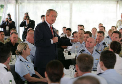 President George W. Bush addresses members of the Australian Defense Force during a luncheon Wednesday on Garden Island in Sydney. The President told the troops, "I believe we are writing one of the great chapters in the history of liberty and peace. ...So I want to thank you."