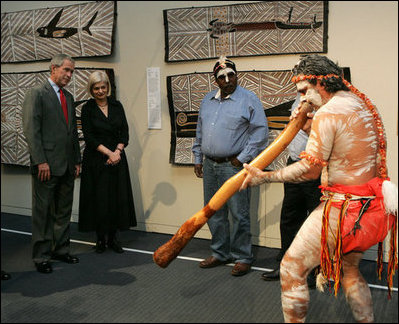 President George W. Bush enjoys a performance of Aboriginal song and dance during a visit Thursday, Sept. 6, 2007, to the Australian National Maritime Museum in Sydney.