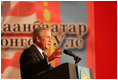 President George W. Bush delivers remarks Monday, Nov. 21, 2005, during his stop in Ulaanbaatar, Mongolia. 