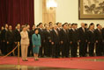 Laura Bush and Madame Liu, wife of President Hu Jintao of China, participate in the welcoming ceremony for President and Mrs. Bush Sunday, Nov. 20, 2005, at the Great Hall of the People in Beijing.