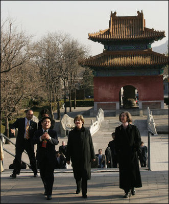 Mrs. Bush is joined by Mrs. Sarah Randt, wife of U.S. Ambassador to China Clark Randt, as they're taken on a tour Sunday, Nov. 20, 2005, of the Ming Tombs in Beijing.