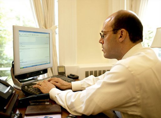 In the final hours of his last day on the job, White House Press Secretary Ari Fleischer answers a few more questions from his West Wing office on "Ask The White House," Monday, July 14, 2003. White House photo by Paul Morse.