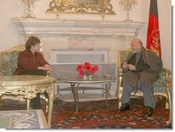 Agriculture Secretary Ann M. Veneman and President Hamid Karzai talked about USDA's many efforts and programs, especially school feeding for Afghan children. USDA is now in its second year of supporting an Aga Khan Foundation project in the north of Afghanistan.