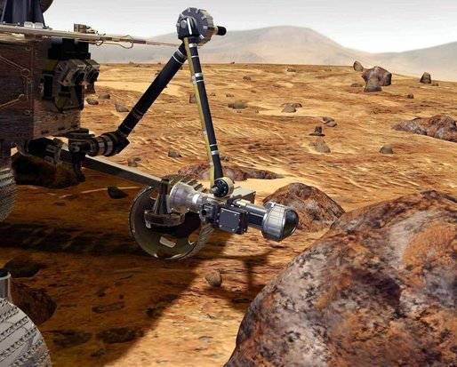 Rock Abrasion Tool (RAT). An NASA computer generated image demonstrating the Rock Abrasion Tool (RAT) on the rover's robotic arm. The RAT grinds away the rock's surface, allowing scientific instruments to analyze the rock's interior.