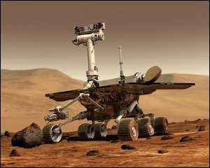 Mars Exploration Rover (MER). An NASA computer generated image of what the Spirit rover would look like on the surface of Mars, before it starts taking rock samples with it's extendable arm. The NASA Spirit rover probe landed on Mars on Sunday, 04 January 2004, in search of signs that the planet was once capable of supporting life. Photo by NASA.