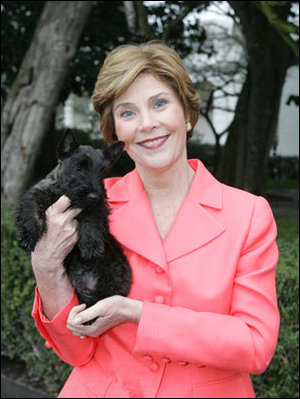 Laura Bush holds Miss Beazley shortly after the arrival of the 10-week-old Scottish terrier to the White House Thursday, Jan. 6, 2005. 