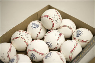 Baseballs autographed by President George W. Bush during his appearance at the home opener Thursday, April 14, 2005, of the Washington Nationals.