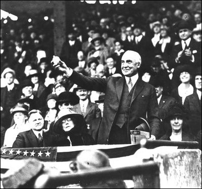 President Warren G. Harding was a real baseball fan. He once hosted Babe Ruth at the White House and attended this 1922 opener with his wife and then Secretary of Commerce, Herbert Hoover.