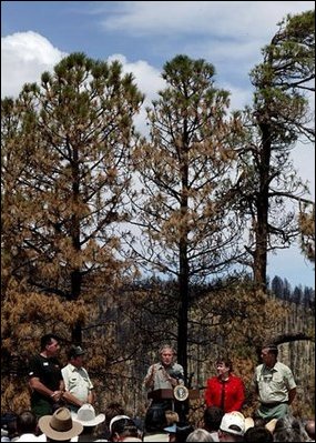 President George W. Bush talks about his Healthy Forests Initiative during a visit to the Coronado National Forest in Summerhaven, Ariz., with, from left, Incident Commander Dan Oltrogge, District Ranger Ron Senn, Secretary of Agriculture Ann Veneman, and Chief of the National Forest Service Dale Bosworth.