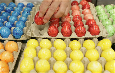 White House kitchen staff prepare hundreds of colored Easter eggs Friday, April 6, 2007, getting ready for the annual White House Easter Egg Roll. White House photo by Shealah Craighead 