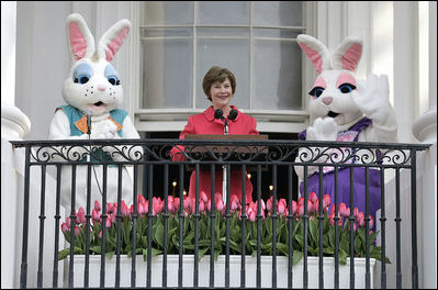 Mrs. Laura Bush addresses South Lawn visitors to the 2007 White House Easter Egg Roll from the Truman Balcony Monday, April 9, 2007. 