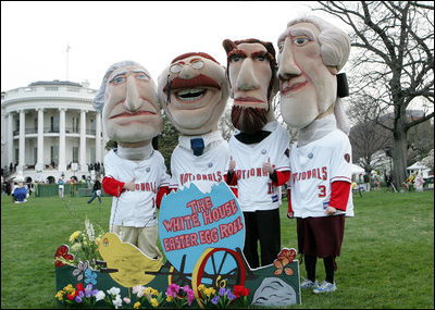 The Presidential character mascots of the Washington Nationals baseball team, Thomas Jefferson, Teddy Roosevelt, Abraham Lincoln and George Washington participate Monday, March 24, 2008 on the South Lawn of the White House, at the 2008 White House Easter Egg Roll.