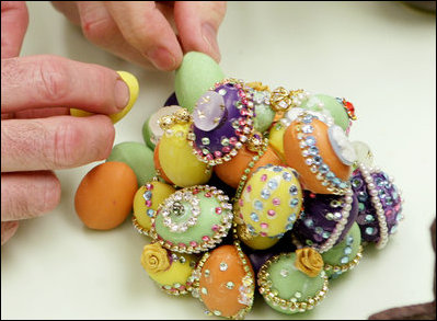 Easter eggs are decorated Friday, March 21, 2008 in the White House pastry kitchen, prepared for presentation for Monday's White House Easter Egg Roll 2008.