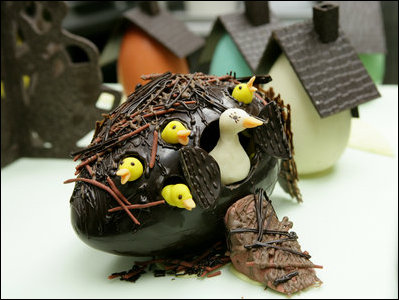 A chocolate Easter Egg decorated with little ducks is seen Friday, March 21, 2008 in the White House pastry kitchen, prepared for presentation for Monday's White House Easter Egg Roll 2008.