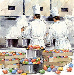 "Chefs in tall white hats prepare for egg-rolling play"