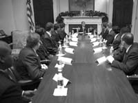 President Bush meets with the White House Fellows in the Roosevelt Room.