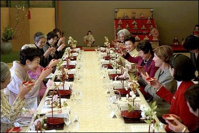 Mrs. Bush is honored by a toast from her hostess Kiyoko Fukuda and a group of prominent women from Tokyo during a special luncheon in her honor at Akasaka Palace Monday, February 18, 2002 in Tokyo. White House photo by Susan Sterner.