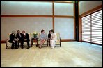 The President and Mrs. Bush talk with the Emperor and Empress of Japan in the Resui South Room of the Imperial Palace Tuesday, February 19, 2002 in Tokyo. White House photo by Susan Sterner.