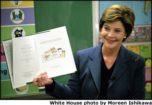 Photoof Mrs. Bush reading a book. White House photo by Moreen Ishikawa