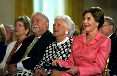 Laura Bush and former First Lady Barbara Bush participate with Dr. Vartan Gregorian in the White House conference on School Libraries, June 4, 2002. White House photo by Susan Sterner