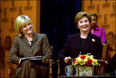 Laura Bush participates with Catherine Crier in the Conference on Character and Community hosted by Court TV and the US Department of Education and held at Maplewood Richmond High School, Maplewood, Missouri, Oct. 23, 2002. White House photo by Susan Sterner.
