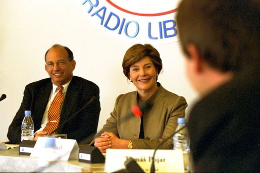 Mrs. Bush speaks to the people of Afghanistan from the headquarters of Radio Free Europe in Prague, May 21, 2002. White House photo by Susan Sterner.
