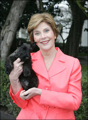 Laura Bush holds Miss Beazley shortly after the arrival of the 10-week-old Scottish terrier to the White House Thursday, Jan. 6, 2005. White House photo by Susan Sterner  
