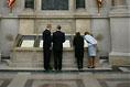 President George W. Bush and Laura Bush view the U.S. Constitution with National Archivist John Carlin, second on left, and Senior Curator Stacy Bredhoff, second on right, while touring the National Archives in Washington, D.C., Wednesday, Jan. 19, 2005. The Bushes also looked at the Declaration of Independence, George Washington's handwritten inaugural address, George Washington and President George H. W. Bush's inaugural Bible, and the Bill of Rights. 