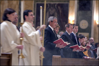President George W. Bush and Mrs. Laura Bush attend mass at the Cathedral of Saint Matthew the Apostle in Washington, DC on Saturday, April 2, 2005 in remembrance of Pope John Paul II.