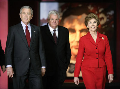 President George W. Bush, Laura Bush and U.S. House Speaker Dennis Hastert, R-Ill., tour the Abraham Lincoln Presidential Library and Museum in Springfield, Ill., Tuesday, April 19, 2005.