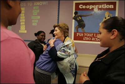 Laura Bush greets students at a reading class while visiting Chipman Middle School in Alameda, Calif., April 28, 2005.