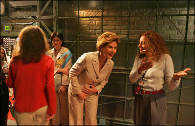 Laura Bush waits in the wings before her appearance on the The Tonight Show with Jay Leno in Los Angeles April 26, 2005.