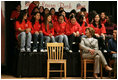 Laura Bush talks with middle school students on stage prior to delivering remarks at Sun Valley Middle School in Sun Valley, Calif., April 27, 2005.