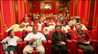 Students and their mentors from Everybody Wins! DC, a community-based mentoring program, joined Mrs. Laura Bush and her mother, Mrs. Jenna Welch, to watch C.S.Lewis' The Chronicles of Narnia: The Lion, The Witch, and The Wardrobe in the White House Theater. The students are from Robert Brent Elementary Schoool and the John Tyler Elementary School in Washington, D.C. Also in attendance were Mr. Douglas Gresham, stepson of C.S. Lewis; Ms. Mary Salander, executive director, Everybody Wins! DC; Ms. Pat Schroeder, president, American Publishing Association and Mr. Michael Flaherty, co-founder and president, Walden Media.