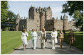 Spouses of G8 leaders leave Glamis Castle in Auchterarder, Scotland, Thursday, July 7, 2005. With Mrs. Bush are, from left: Margarida Sousa Uva of Portugal; Sheila Martin of Canada; Lyudmila Putina of Russia; Cherie Blair of England, and Doris Schroeder-Koepf of Germany.