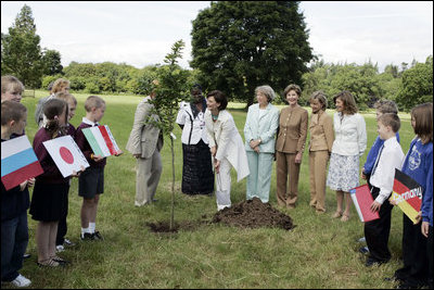 Mrs. Laura Bush looks on as Cherie Blair, wife of Prime Minister Tony Blair, takes the first dig during a tree-planting ceremony Thursday, July 7, 2005, at Glamis Castle, Scotland.