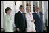 President George W. Bush and Mrs Bush join Her Majesty Queen Margrethe II and His Royal Highness The Prince Henrik of Denmark after arriving at the Fredensborg Palace, Tuesday, July 5, 2005.