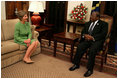 Laura Bush meets with President Benjamin Mkapa at the Presidential Residence in Dar Es Salaam, Tanzania, Wednesday, July 13, 2005. Mrs. Bush is visiting Africa to highlight U.S. aid and partnerships promoting programs for girls' education, HIV/AIDS awareness and women's empowerment.