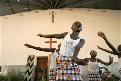 Dancers perform at Kagarama Church in Kigali, Rwanda, Thursday, July 14, 2005, during a visit by Laura Bush.