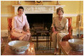 Laura Bush meets with Klara Dobrev, wife of Prime Minister of Hungary, in the Yellow Oval Room in the private residence of the White House Monday, June 6, 2005.