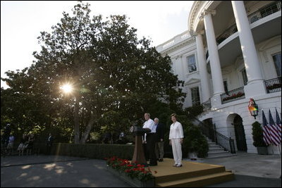 President George W. Bush and Mrs. Bush address their guests at the Congressional Picnic on the South Lawn Wednesday, June 15, 2005.