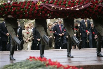 Commemorating the 60th Anniversary of the end of World War II, President George W. Bush and Laura Bush join world leaders in a wreath laying ceremony at the Tomb of the Unknown Soldier at the Kremlin wall Monday, May 9, 2005.