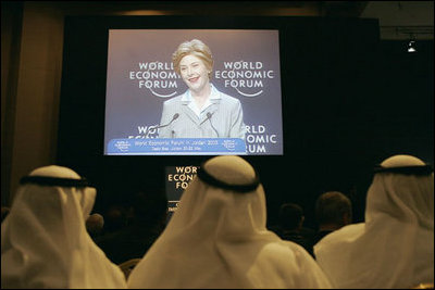 Audience members listen to Laura Bush discuss freedom and democratic values in the Middle East during a plenary session of the World Economic Forum at the Dead Sea in Jordan Saturday, May 21, 2005.