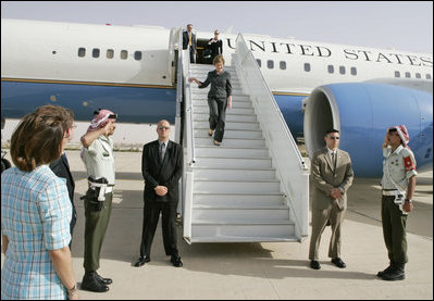Laura Bush arrives at Queen Alia airport in Amman, Jordan May 20, 2005, beginning a five-day tour of Jordan, Israel and Egypt. Mrs. Bush traveled to Jordan to address the World Economic Forum at the Dead Sea May 21.
