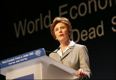 Laura Bush talks at the World Economic Forum at the Dead Sea in Jordan Saturday, May 21, 2005.