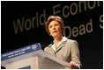 Laura Bush talks at the World Economic Forum at the Dead Sea in Jordan Saturday, May 21, 2005.