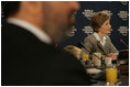 Laura Bush participates in a roundtable discussion with Arab youth after speaking at the World Economic Forum at the Dead Sea in Jordan, Saturday, May 21, 2005.